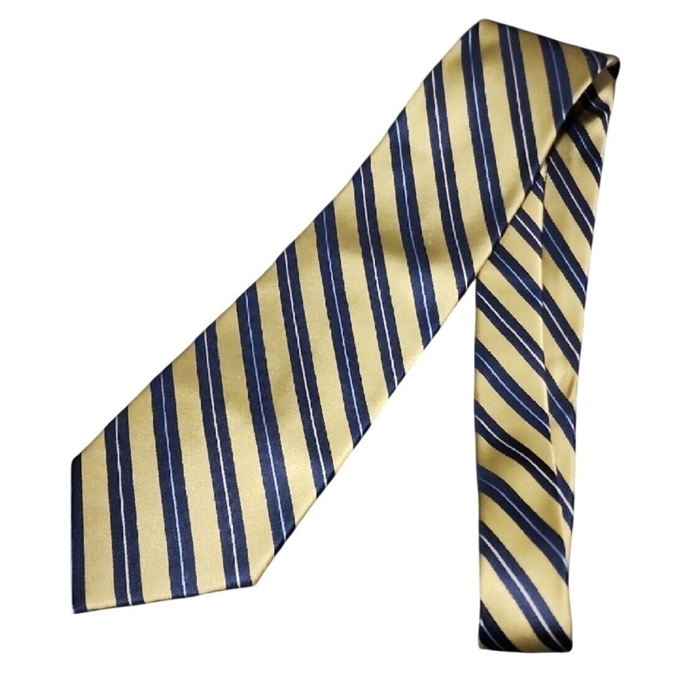 Izod Mens Silk Necktie Yellow Blue Striped Classic Preppy - Picture 3 of 5